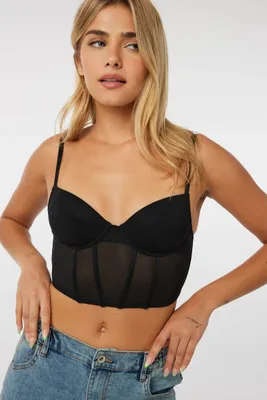 Ardene Black Mesh Corset Top | Size Large | Nylon/Spandex