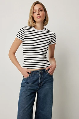 Ardene Short Rib Crew Neck T-Shirt in White | Size | Cotton/Elastane