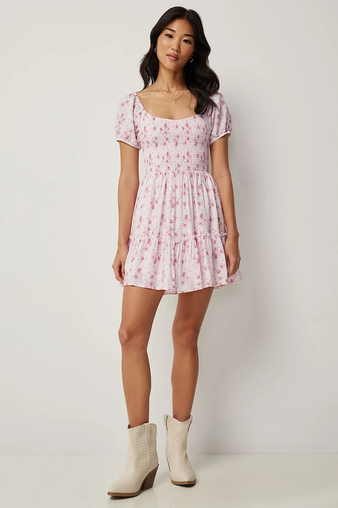 Ardene Babydoll Mini Dress with Puff Sleeves in Light Pink | Size Large | Polyester/Rayon