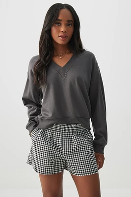 Ardene French Terry V-Neck Sweatshirt in Dark Grey | Size Large | Polyester/Cotton