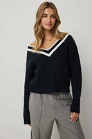 Ardene Short Cable Knit Sweater in Dark Blue | Size Large | Polyester/Spandex