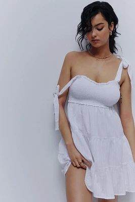 Ardene Tie-Strap Tiered Mini Dress in White | Size | 100% Cotton/Polyester