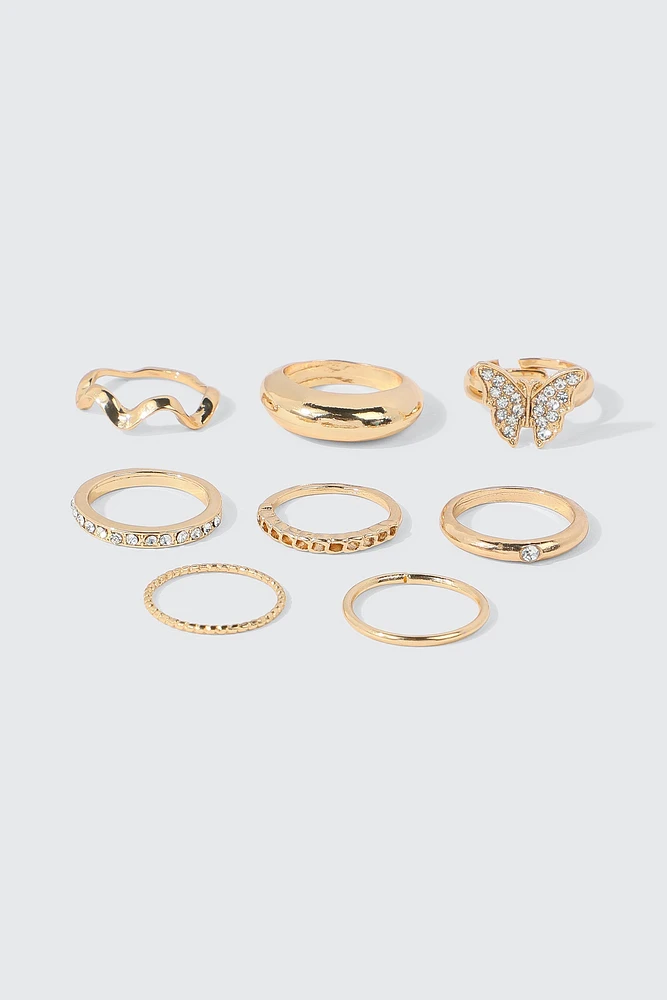 Ardene 8-Pack Butterfly & Crystal Rings in Gold | Size