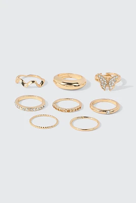 Ardene 8-Pack Butterfly & Crystal Rings in Gold | Size