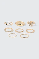 Ardene 8-Pack Butterfly & Crystal Rings in Gold | Size