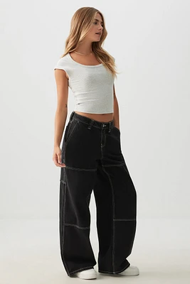 Ardene Slouchy Wide Leg Carpenter Jeans in Black | Size | 100% Cotton