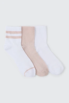 Ardene 3-Pack Solid & Striped Demi Crew Socks in Beige | Polyester/Elastane