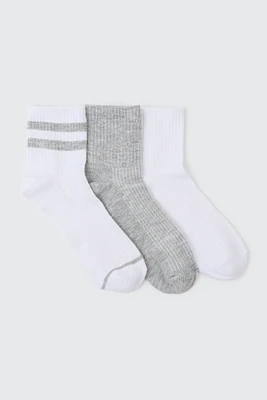 Ardene 3-Pack Solid & Striped Demi Crew Socks in Grey | Polyester/Elastane