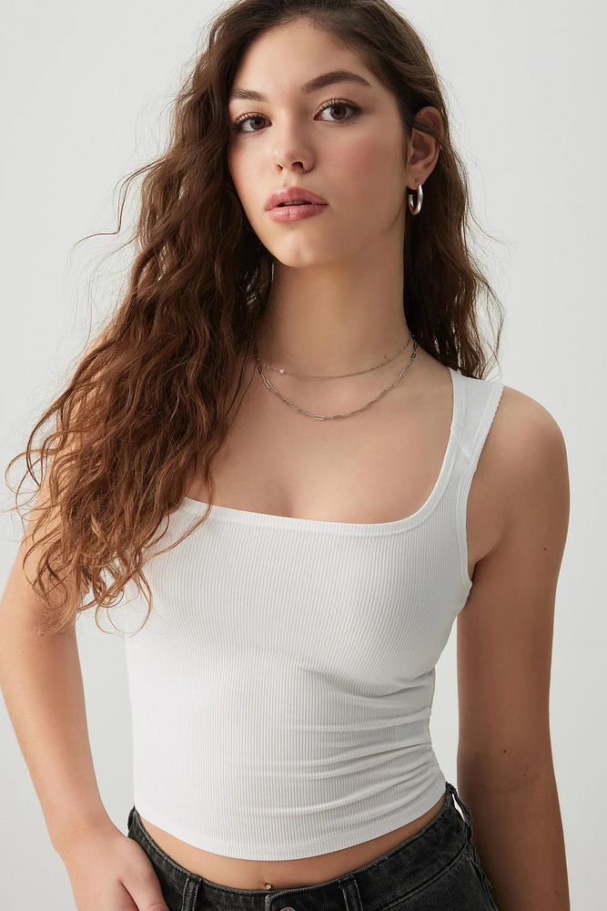Ardene Crop Rib Trapeze Neck Tank Top in White | Size | Polyester/Elastane | Eco-Conscious