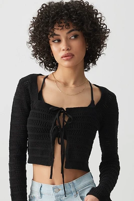 Ardene Crop Open Stitch Cardigan in Black | Size | 100% Cotton