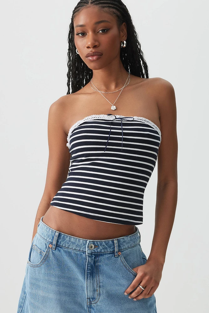 Ardene Striped Tub Top with Bow in Dark Blue | Size | Spandex/Cotton