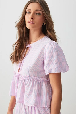 Ardene Pinstriped Bubble Sleeve Babydoll Top in Light Pink | Size | 100% Cotton/Polyamide/Viscose