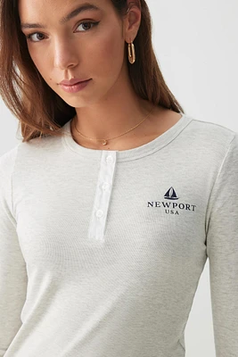 Ardene Long Sleeve Henley T-Shirt in Light Grey | Size Medium | Elastane/Viscose