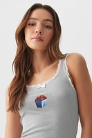 Ardene Lace Trim Graphic PJ Tank Top in Light Grey | Size | Polyester/Elastane | Eco-Conscious