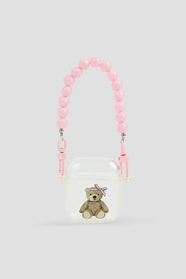 Ardene Teddy Bear Airpods case with Pearl Strap in Light Pink