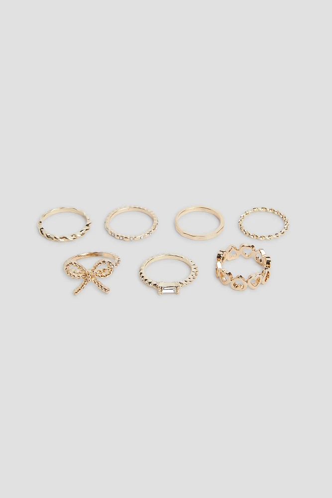 Ardene 7-Pack Bow & Heart Rings in Gold | Size Small