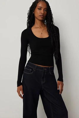 Ardene Crop Scoop Neck Sweater in Black | Size | Polyester/Nylon/Viscose