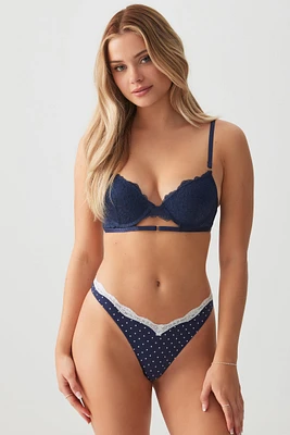 Ardene Lace Trim Seamless Thong Panty in Dark Blue | Size | Nylon/Elastane
