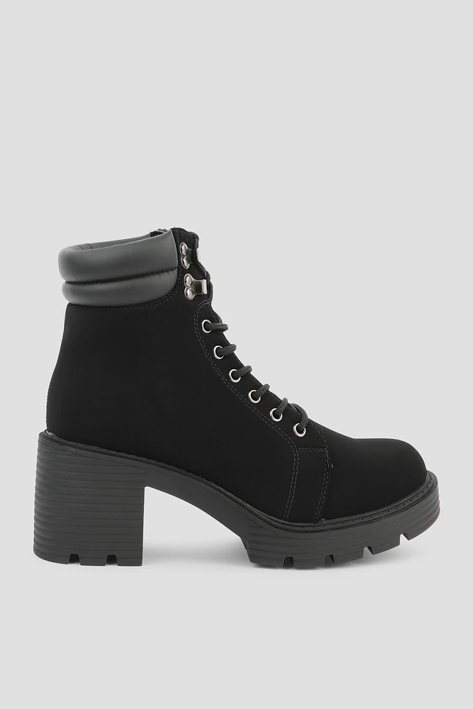 Ardene Puff Collar Work Heeled Boots in Black | Size 7 | Faux Suede | Eco-Conscious