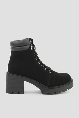 Ardene Puff Collar Work Heeled Boots in Black | Size 7 | Faux Suede | Eco-Conscious
