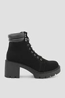 Ardene Puff Collar Work Heeled Boots in Black | Size 7 | Faux Suede | Eco-Conscious