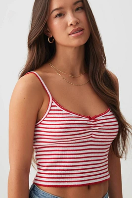 Ardene Striped Pointelle Crop Tank Top in Red | Size | 100% Cotton