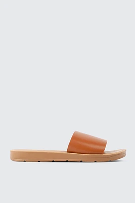 Ardene Faux Leather Flat Sandals in Cognac | Size | Eco-Conscious
