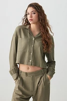 Ardene Crop Linen Blend Shirt in Khaki | Size Small | Viscose