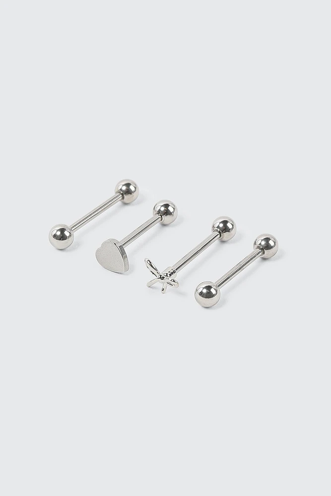 Ardene 4-Pack Bow & Heart Tongue Piercings in Silver