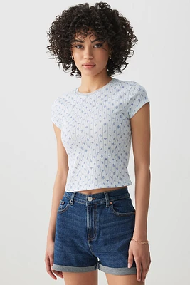 Ardene Printed Rib T-Shirt in Light Blue | Size | Polyester/Cotton/Elastane