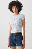 Ardene Printed Rib T-Shirt in Light Blue | Size | Polyester/Cotton/Elastane