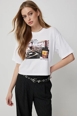 Ardene Graphic Crop Boxy T-Shirt in White | Size | 100% Cotton