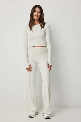 Ardene Rib Waistband Straight Leg Pants in White | Size XL | Nylon/Elastane | Eco-Conscious