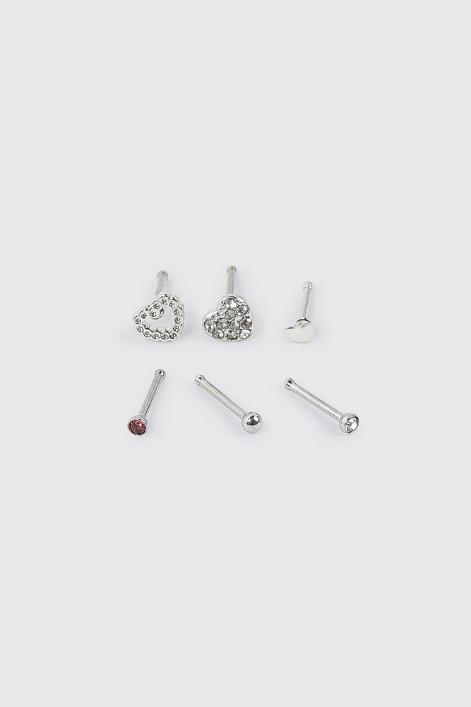 Ardene 6-Pack Heart Nose Studs in Silver