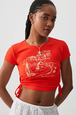 Ardene Ultra Crop Graphic T-Shirt with Side Ruching in | Size | Polyester/Elastane | Eco-Conscious