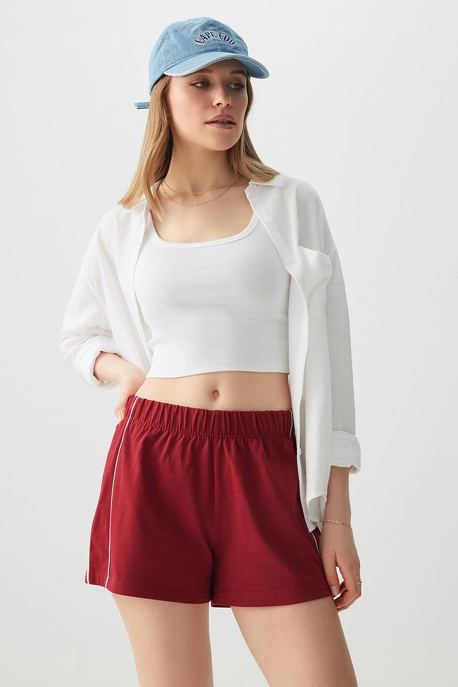 Ardene Contrast Stripe Sweatshorts in Burgundy | Size | 100% Cotton/Viscose