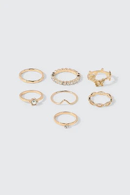 Ardene 7-Pack Rose & Crystal Rings in Gold | Size