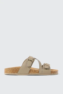 Ardene Two-Buckle Sandals with Criss Cross Detail in Beige | Size | Faux Leather/Faux Suede | Eco-Conscious