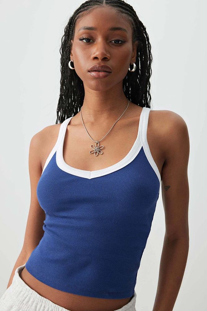 Ardene Basic Contrast Trim V-Neck Tank Top in Dark Blue | Size | Cotton/Elastane | Eco-Conscious