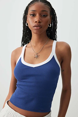 Ardene Basic Contrast Trim V-Neck Tank Top in Dark Blue | Size | Cotton/Elastane | Eco-Conscious