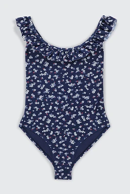 Ardene Kids Printed Ruffle One Piece Swimsuit in Dark Blue | Size | Polyester/Nylon/Elastane | Microfiber