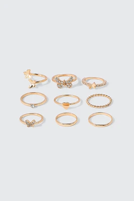 Ardene 9-Pack Butterfly Rings in Gold | Size