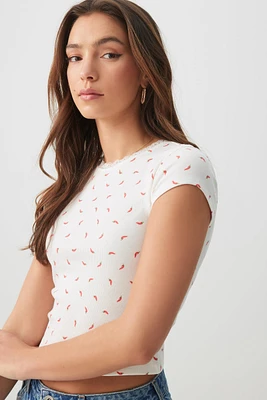 Ardene Printed Rib T-Shirt in White | Size | Polyester/Cotton/Elastane