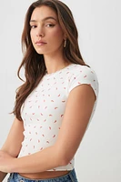 Ardene Printed Rib T-Shirt in White | Size | Polyester/Cotton/Elastane