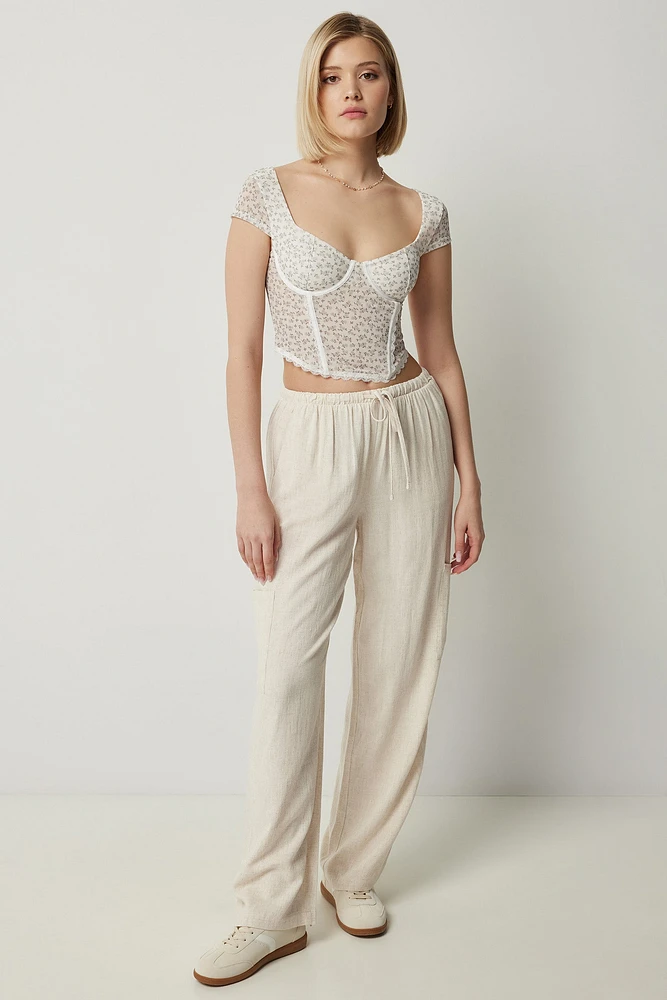 Ardene Low Rise Linen Blend Pants in Beige | Size Medium | Viscose