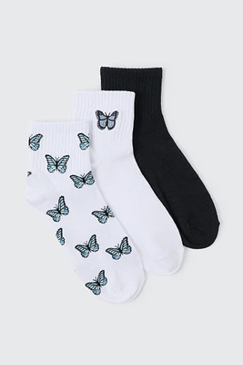 Ardene 3-Pack Butterlfy Crew Socks in White | Polyester/Spandex
