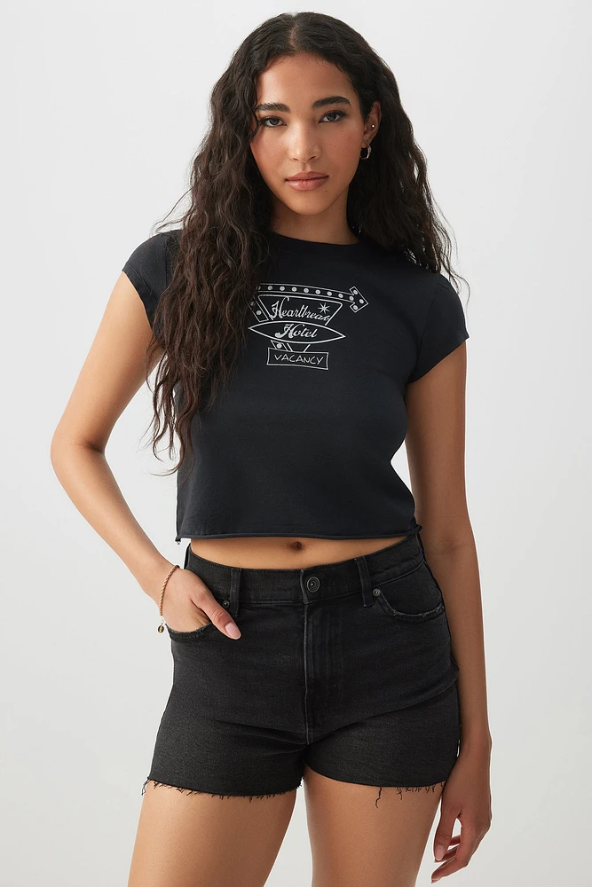 Ardene Crop Cap Sleeve Graphic T-Shirt in | Size | Cotton/Elastane