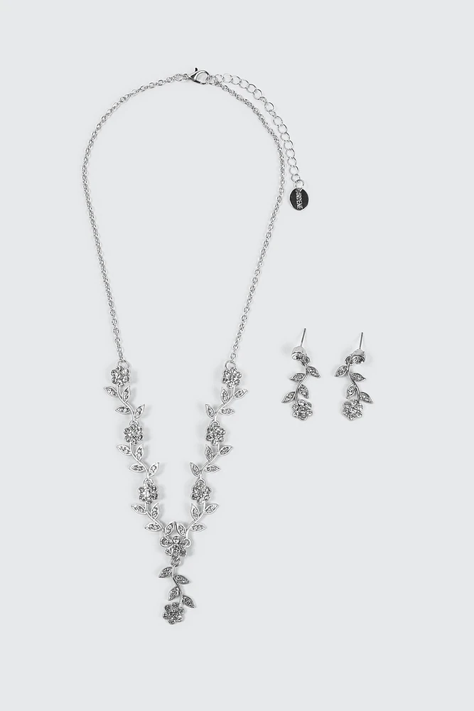 Ardene Floral Necklace and Earrings Set in Silver | Stainless Steel