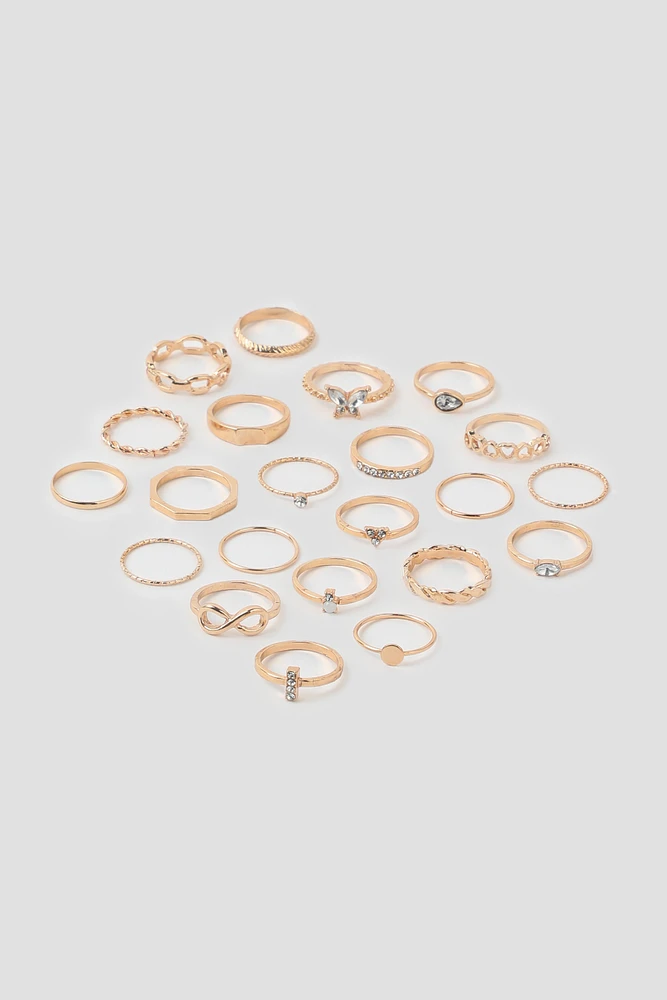 Ardene 20-Pack Assorted Rings in Gold | Size Medium