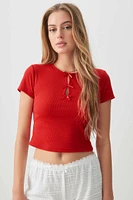 Ardene Crop Rib T-Shirt with Bows in | Size | Polyester/Cotton/Elastane